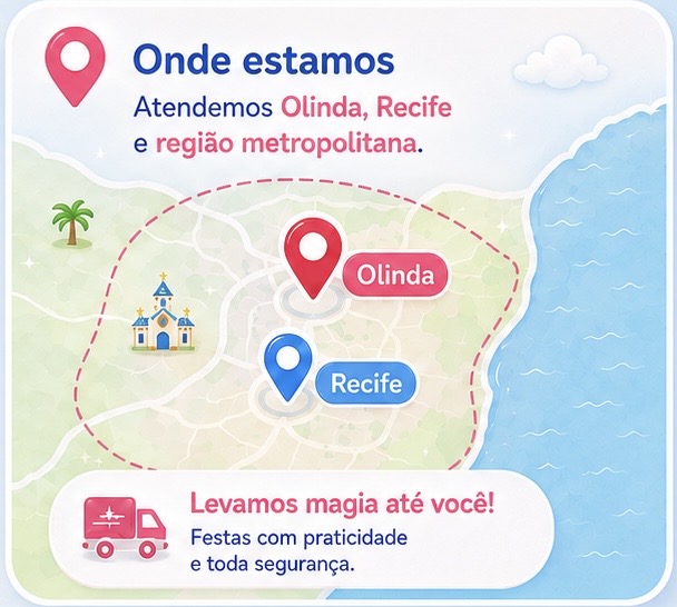 Mapa ilustrado da área de atendimento da Tatá Infláveis e Encantos em Olinda, Recife e região metropolitana.